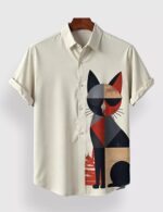 White Multicat Designer Men’s Half Sleeves Printed Shirt Exclusive