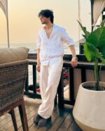 Old Money Classic Combo Shirt Set in White and Beige Timeless Rich Look Outfit - Image 2