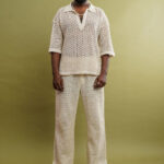 Off White Self Design Shirt Collar T-Shirt & Trouser Set