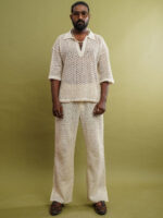 Off White Self Design Shirt Collar T-Shirt & Trouser Set