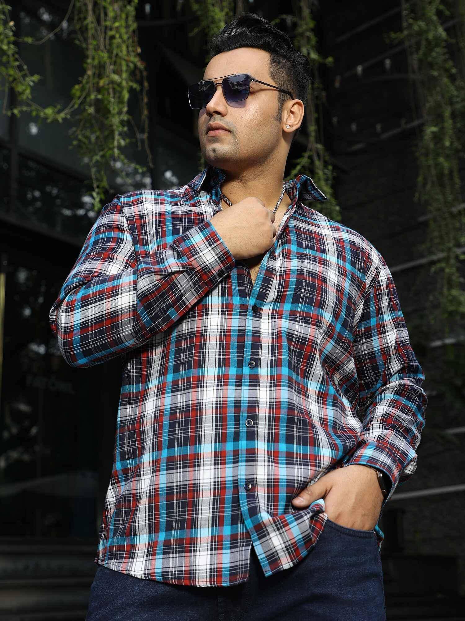 black-blue-red-checkered-full-shirt-men-s-plus-size-guniaa-fashions-1.jpg Black Blue Red Multi-Check Men Plus Size Full Sleeve Shirt - Image 1