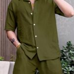 Green Color Mens Full Set Trouser And Shirt Half Sleeves