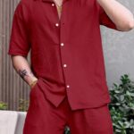 Maroon Color Mens Full Set Trouser And Shirt Half Sleeves