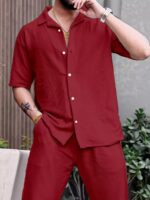 Maroon Color Mens Full Set Trouser And Shirt Half Sleeves