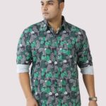 Green Jungle Print Cotton Men Plus Size Full Sleeve Shirt