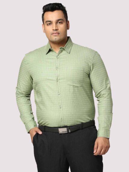 Light Green Check Pattern Men Plus Size Full Sleeve Shirt