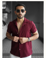 Men’s Textured Half Sleeve Maroon Shirt - Image 2