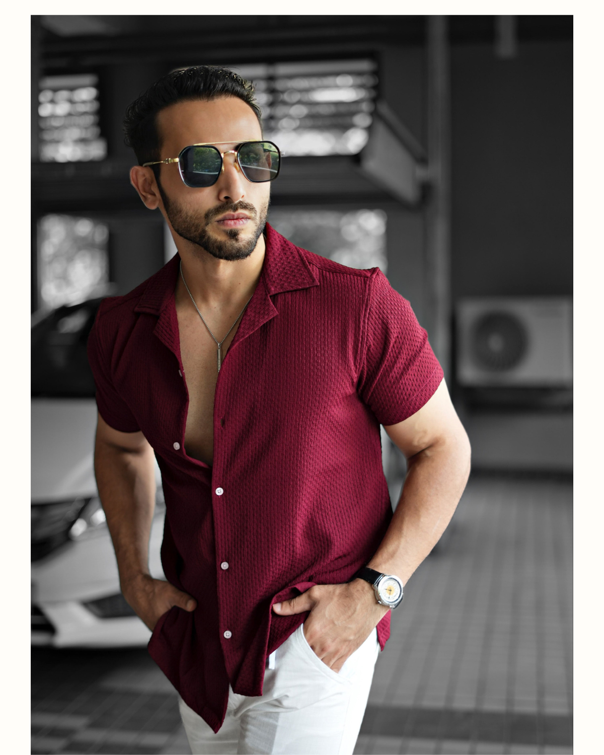 marron-3.png Men’s Textured Half Sleeve Maroon Shirt - Image 1