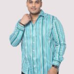 Cyan Blue Striped Digital Print Men Plus Size Shirt