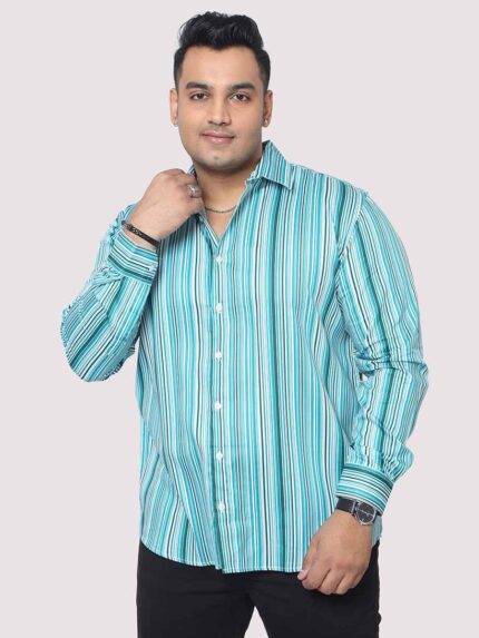 Cyan Blue Striped Digital Print Men Plus Size Shirt