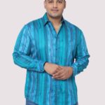 Deep Blue Striped Digital Print Men Plus Size Shirt