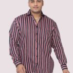 Maroon and Blue Striped Digital Print Men Plus Size Shirt