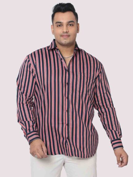 Maroon and Blue Striped Digital Print Men Plus Size Shirt