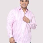 Pink and White Striped Digital Print Men Plus Size Shirt