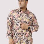 Peach Floral Digital Print Men Plus Size Shirt