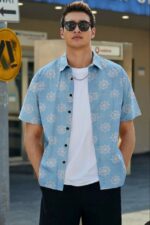 Sky Blue Printed Short Sleeves Regular Fit Shirt