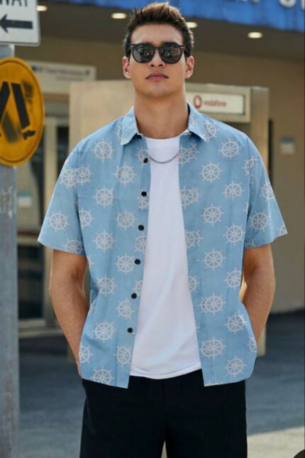 Sky Blue Printed Short Sleeves Regular Fit Shirt