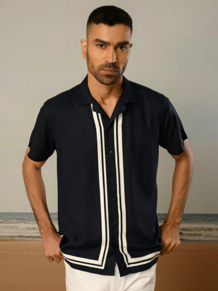 Navy Blue Printed Rayon Lightweight Party Casual Shirt