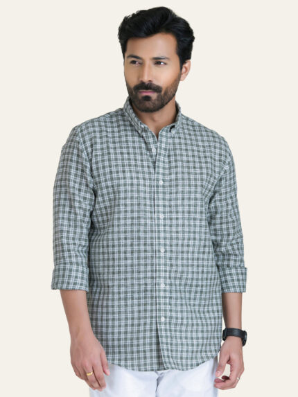 Green Checkered Slim Fit Linen Cotton Stylish Shirt