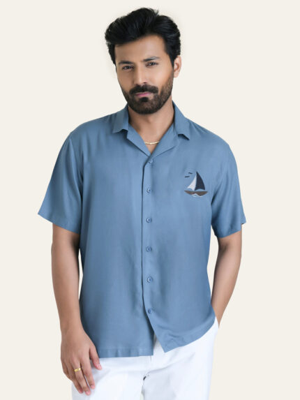 Blue Embroidered Rayon Premium Ethnic Casual Shirt