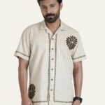 Beige Embroidered Linen Subtle Luxury Casual Shirt
