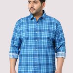Sky Blue Large Check Men Plus Size Casual Cotton Shirt