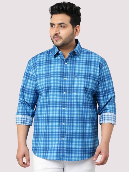 Sky Blue Large Check Men Plus Size Casual Cotton Shirt