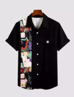 Black Picturework Printed Men’s Half Sleeves Poly Cotton Casual Wear Shirts