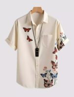 White Butterfly Printed Men’s Half Sleeves Poly Cotton Casual Wear Shirts