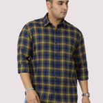Yellow and Navy Blue Check Pattern Men Plus Size Cotton Shirt