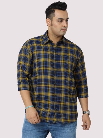 Yellow and Navy Blue Check Pattern Men Plus Size Cotton Shirt