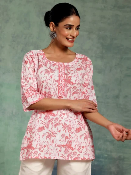 White Printed Cotton Straight Kurti