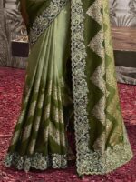 Women's Jacquard Silk Embroidery border work Saree with Heavy work Unstitch Blouse Piece - Image 4